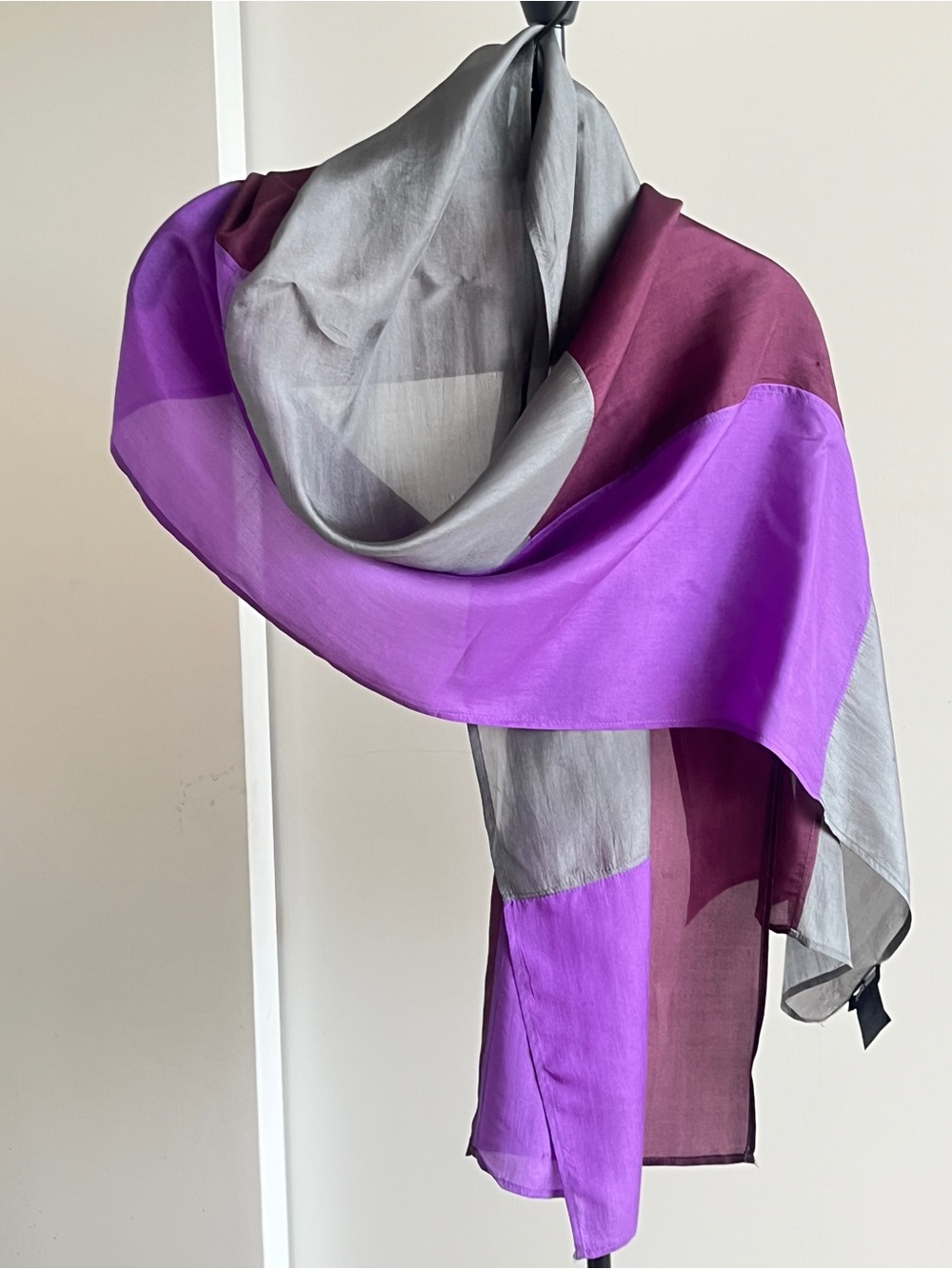 Eileen Fisher 100% Silk Long Rectangle Scarf Stole Purple Burgundy Wine 🍷 Gray